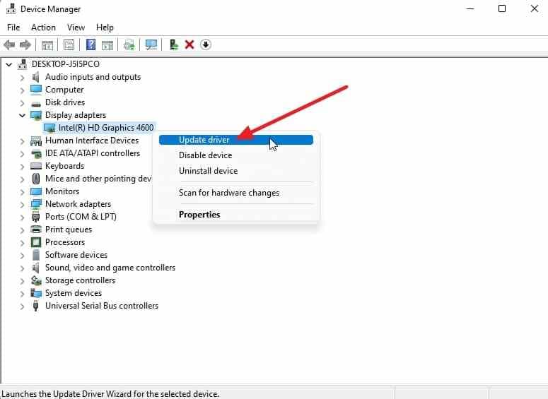 update graphics adapter driver in device manager
