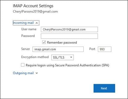 definir as configurações da conta de e-mail do outlook 365