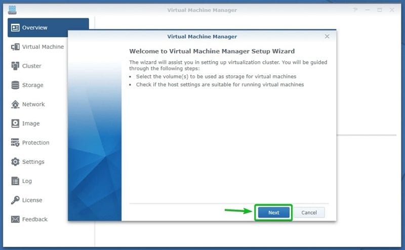 executando o assistente de configuração do vmm da synology