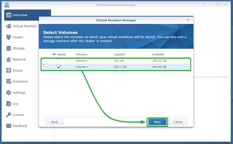 selecting volumes for synology vmm