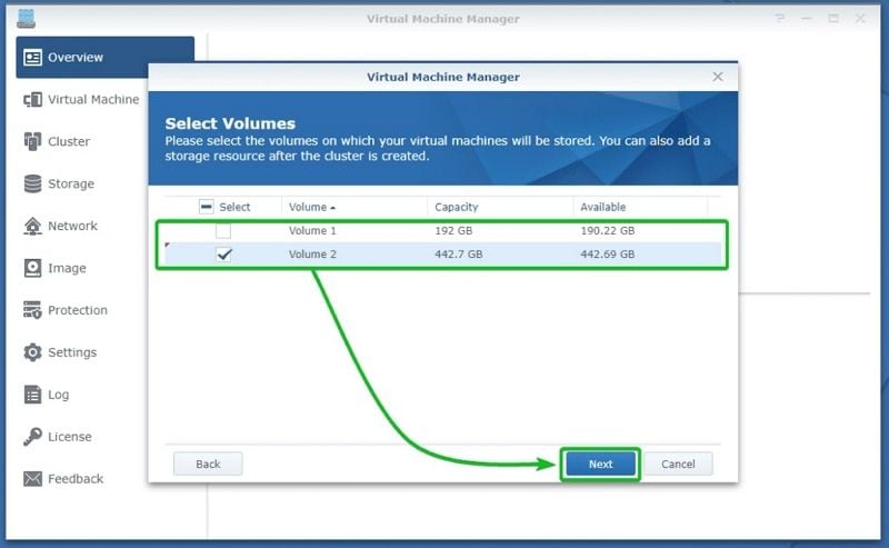 selecionando volumes para vmm da synology