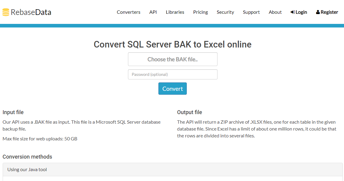 Rebasedata converte Bak em Excel 