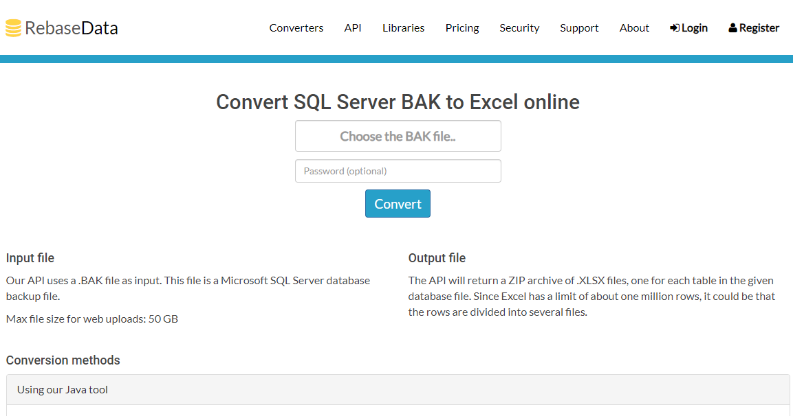 rebasedata converte bak in excel 