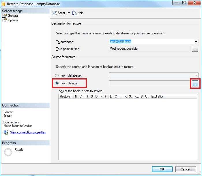 paso 3: restaurar archivo Bak desde la base de datos en SSMS 