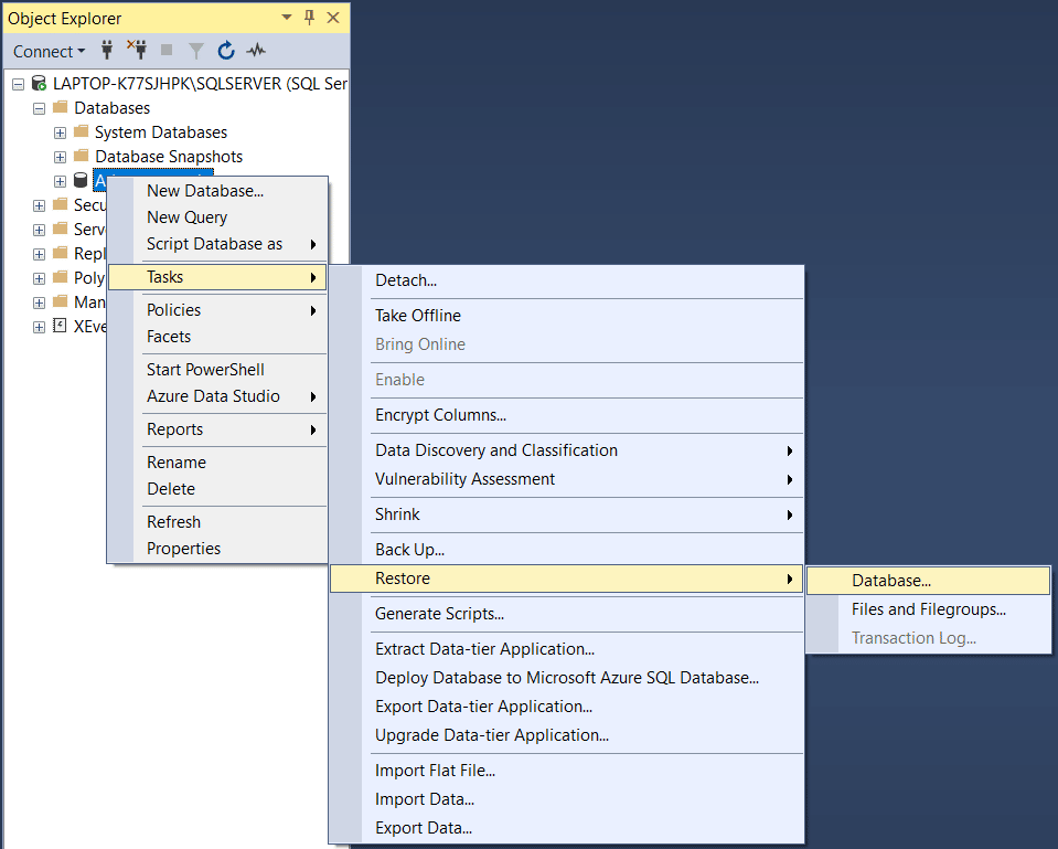 SSMS restaura arquivo Bak da database 