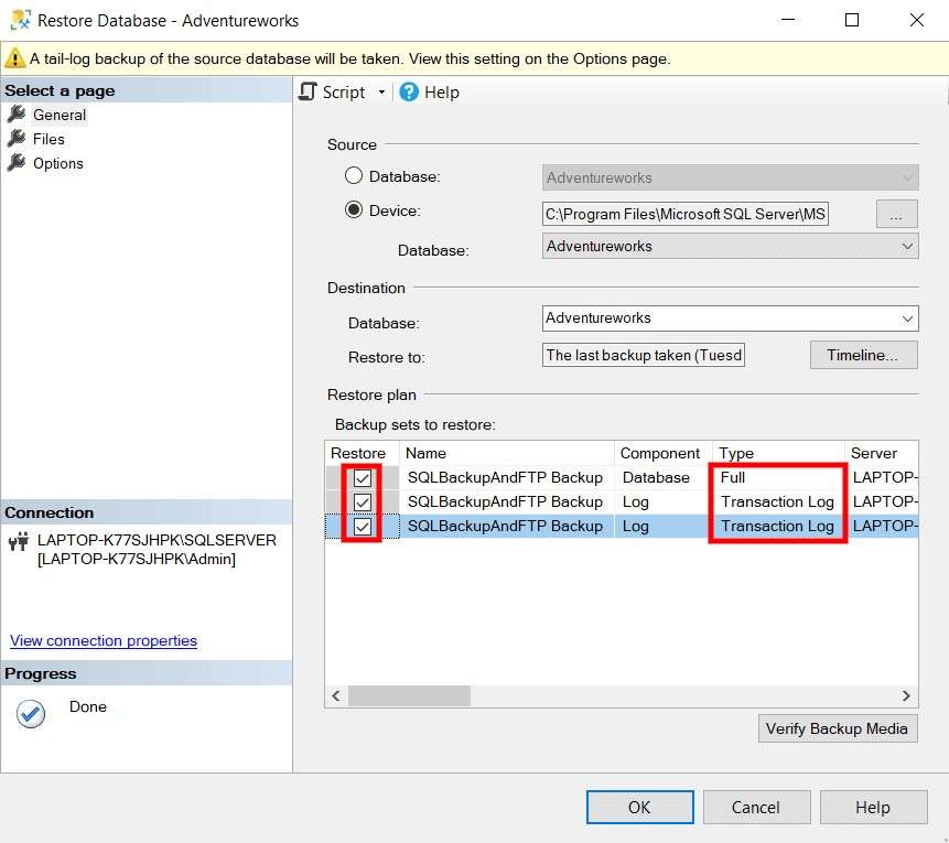 paso 6: restaurar archivo Bak desde la base de datos en SSMS