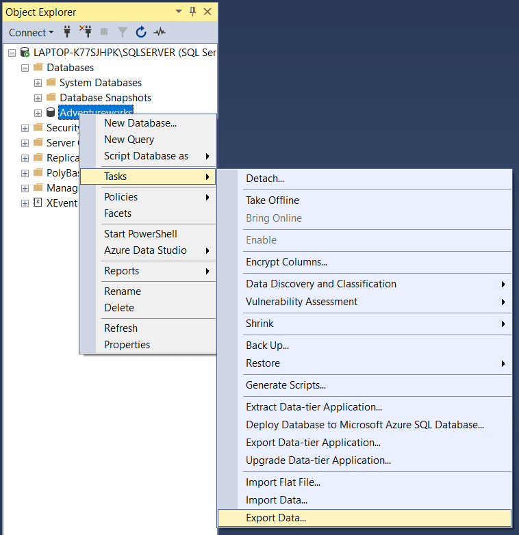 esportare il file bak in Excel tramite SSMS 