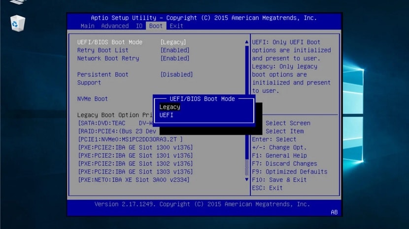 change the boot mode from legacy to uefi