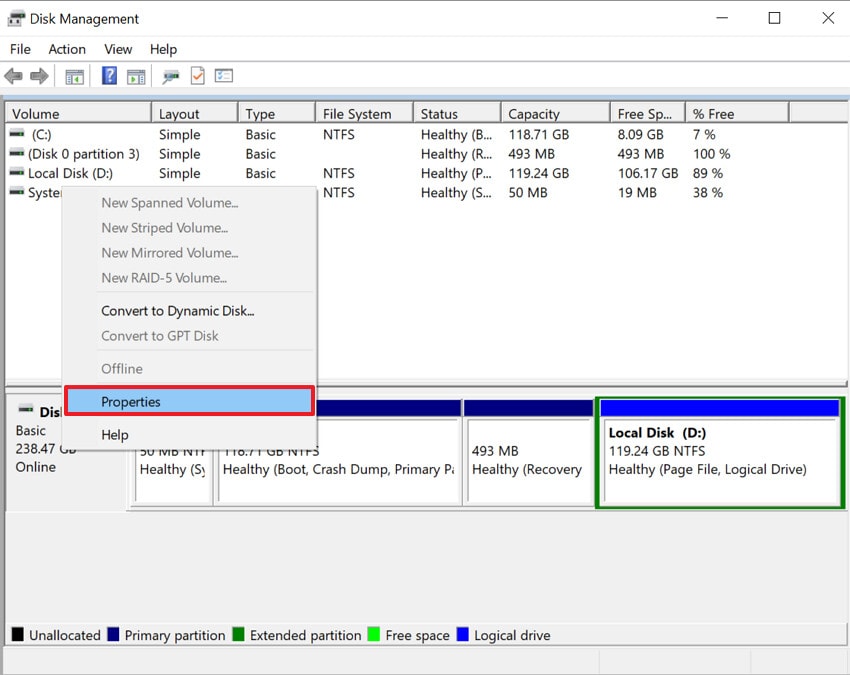 select the properties option