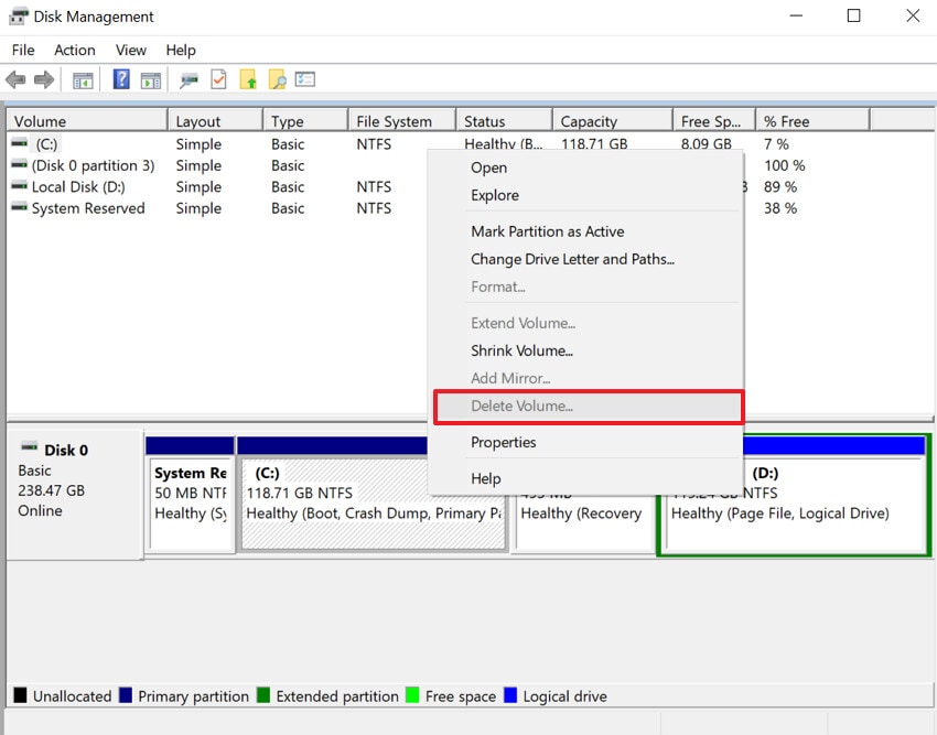 choose delete volume option