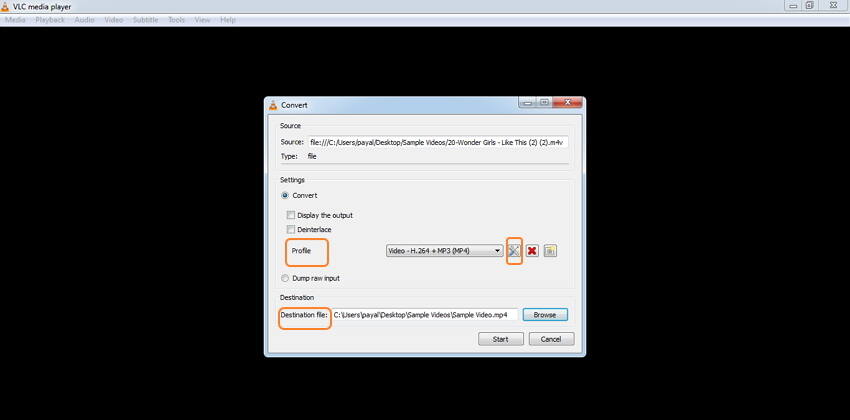 select mp4 as output format in free vlc m2v to mp4 converter