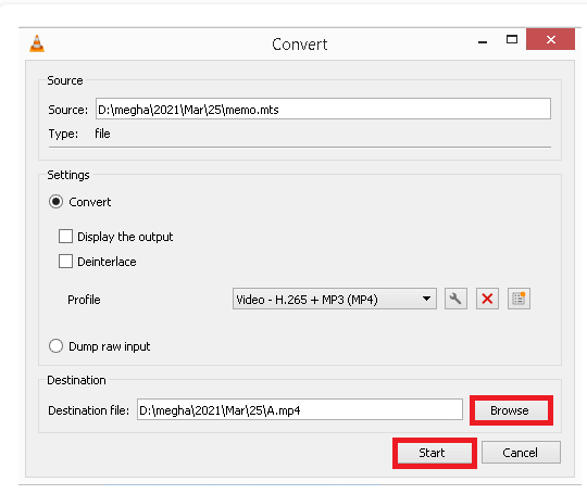 select file destination and click start mts to mp4 conversion
