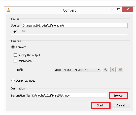 sélectionnez la destination du fichier et cliquez sur démarrer la conversion de mts en mp4