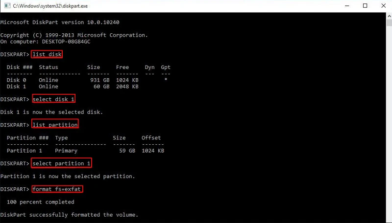 digitare format fs=exfat in cmd per convertire ntfs in exfat