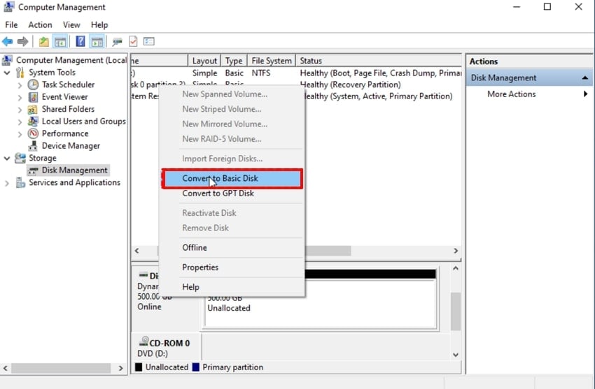choose convert to basic disk