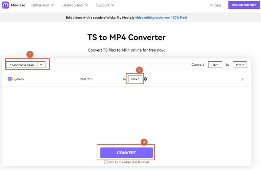 convert ts to mp4 online free with media.io