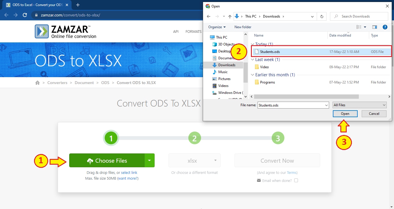 ODS-Datei zum online ods to xlsx Converter hinzufügen