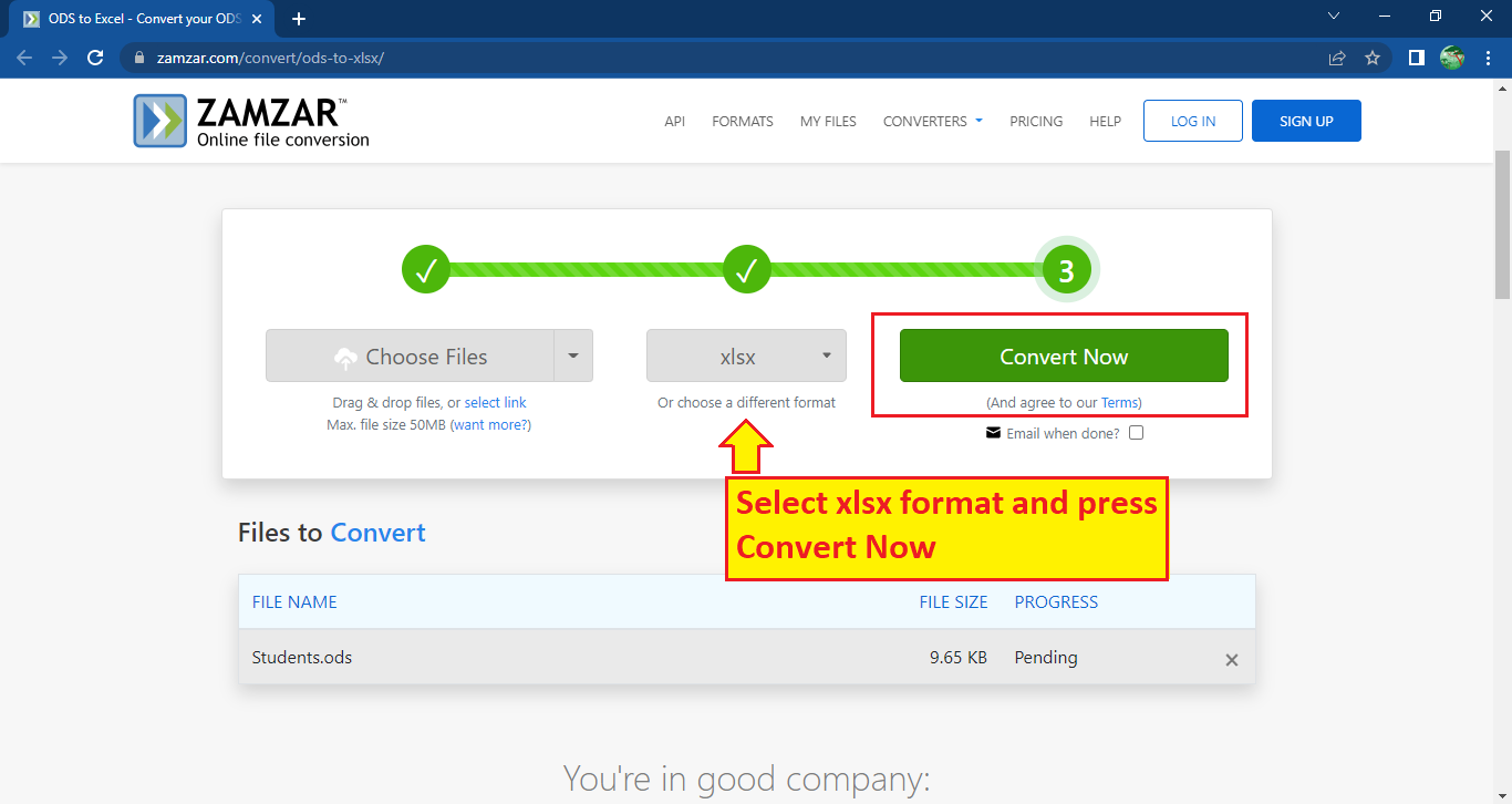 click convert now to start the ods to xlsx conversion