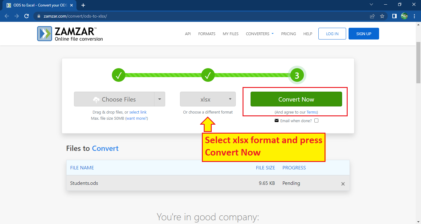 fare clic su ora per adottare la conversione da ods a xlsx