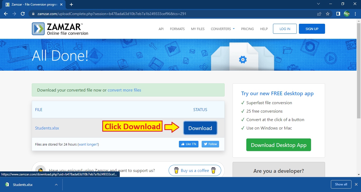 mendownload file xlsx yang telah dikonversi