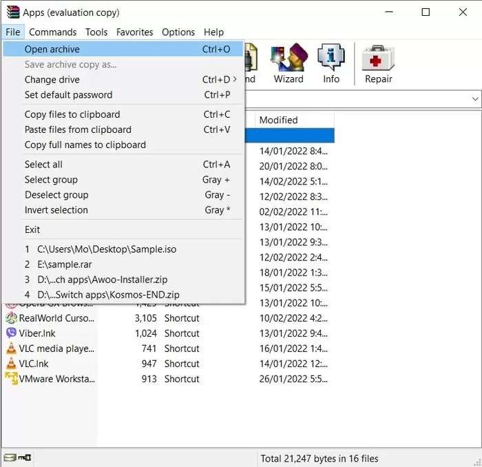 select open archive in winrar