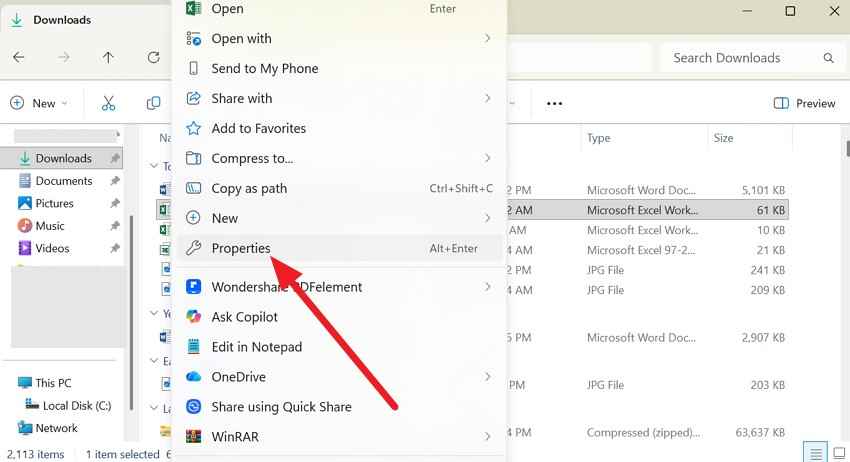 pick properties option windows 