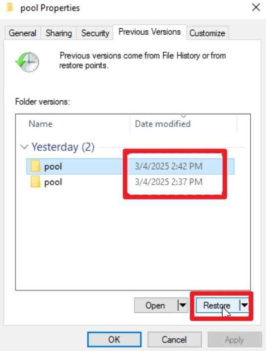 choose the restore button 