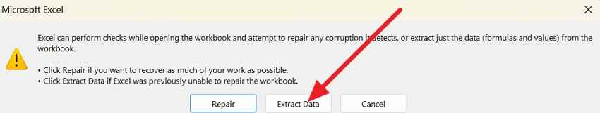 Excel 데이터 추출 기능으로 손상된 XLS 파일을 복구하는 화면