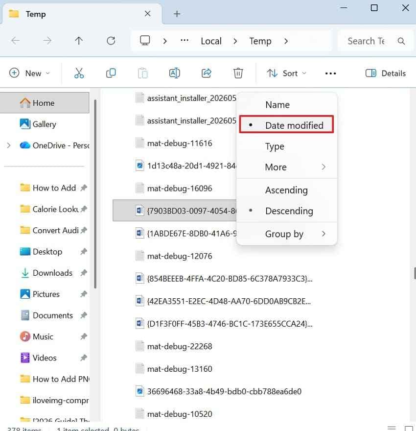 sort temp files by date 