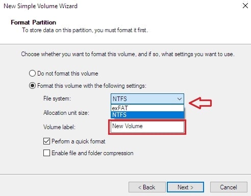 choose an option in format partition