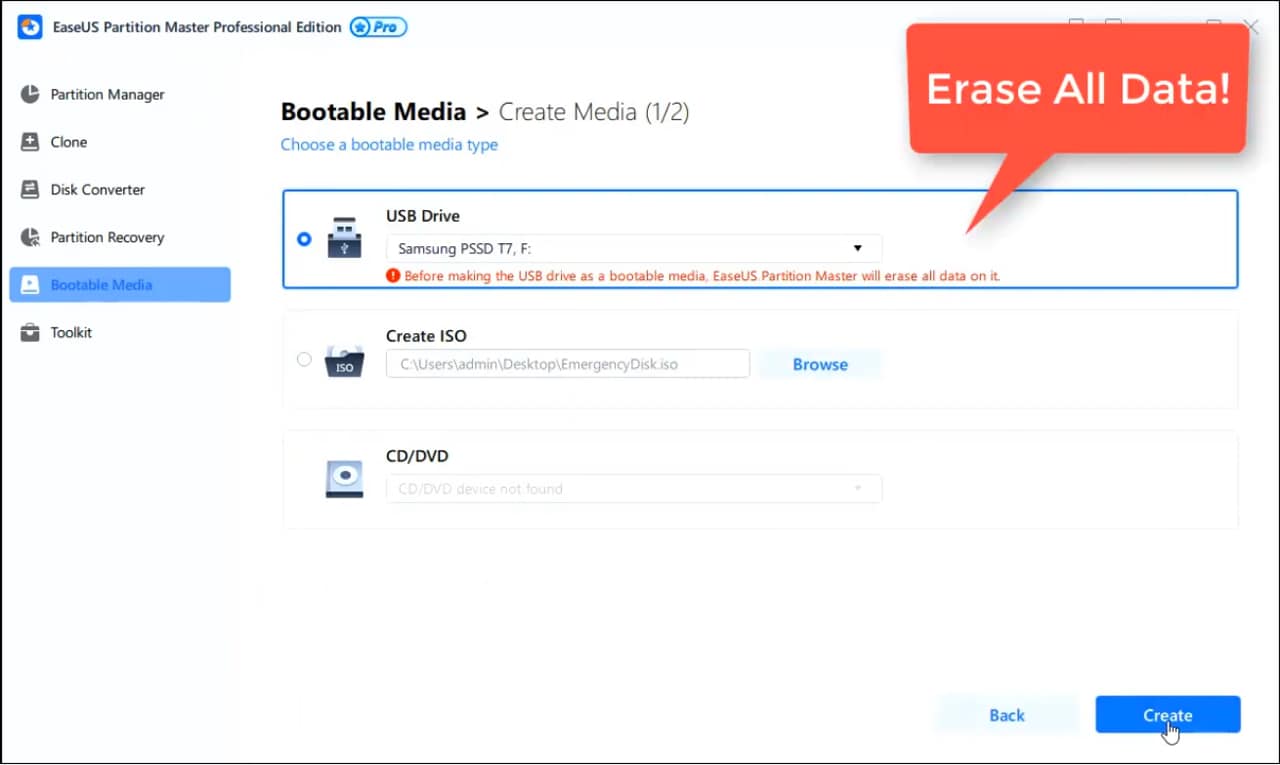 use easeus partition master to create bootable media