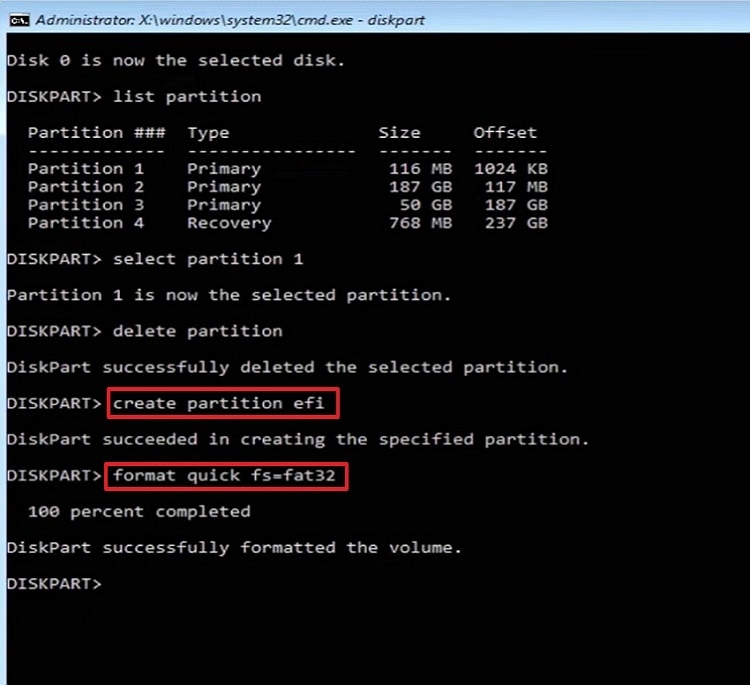 type create partition efi