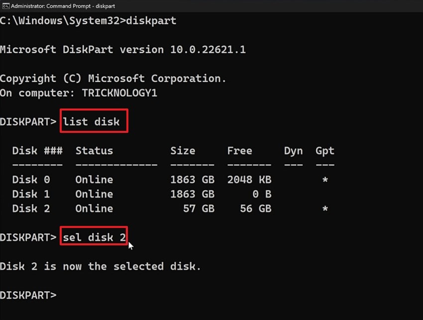 enter list disk in command