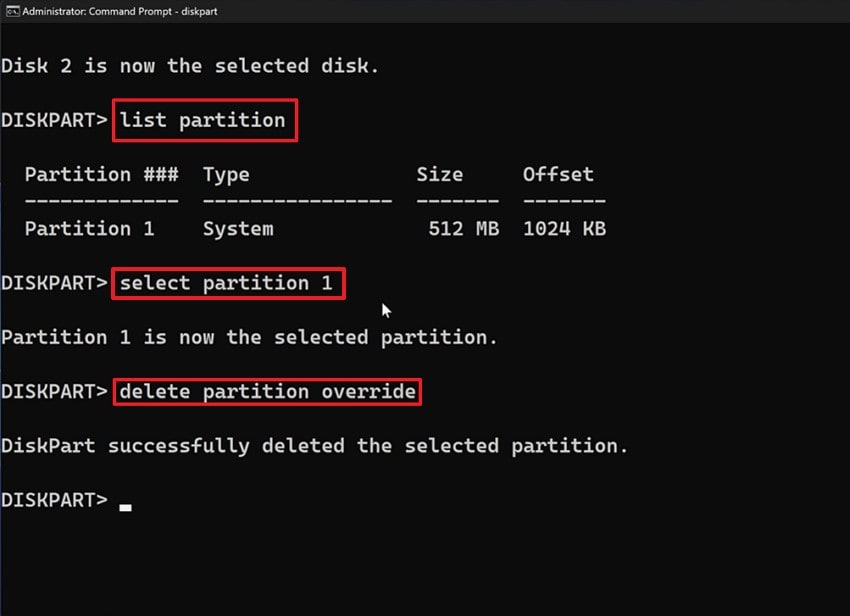 type delete partition override