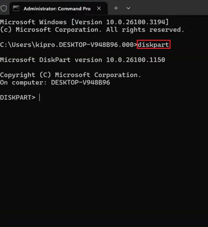 enter the diskpart command