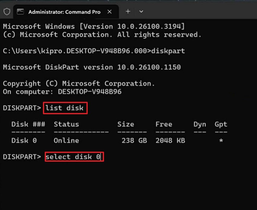 enter select disk 0 command