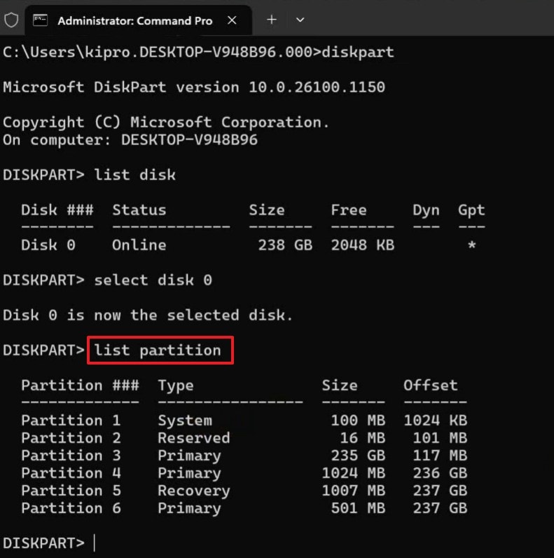type list partition command