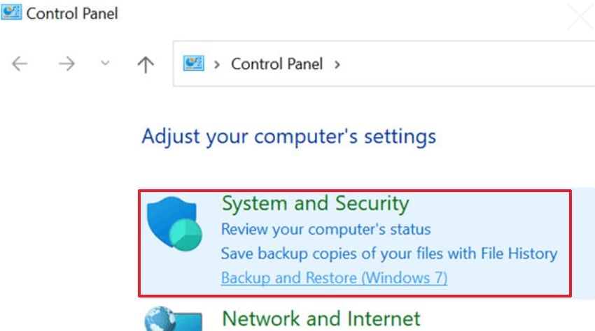 navigate to system and security