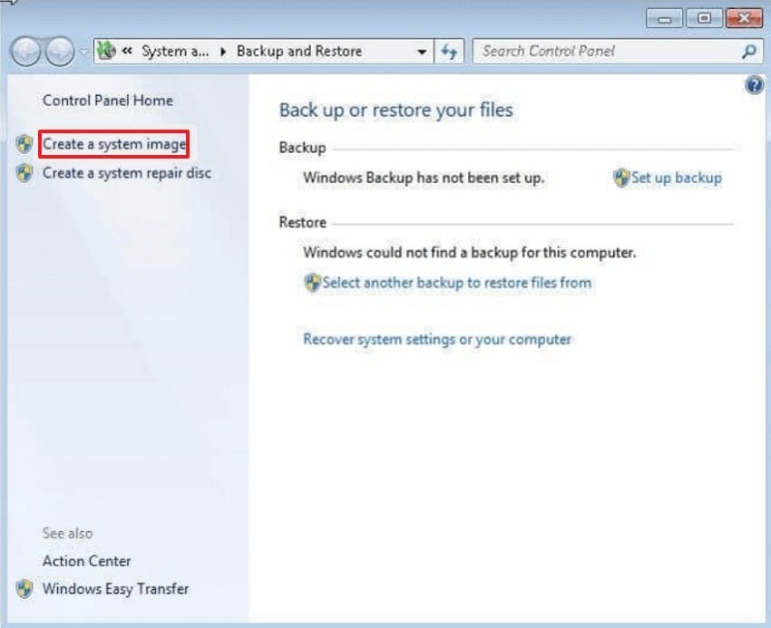 select creat a system image