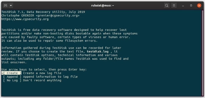 use testdisk to create a new log file