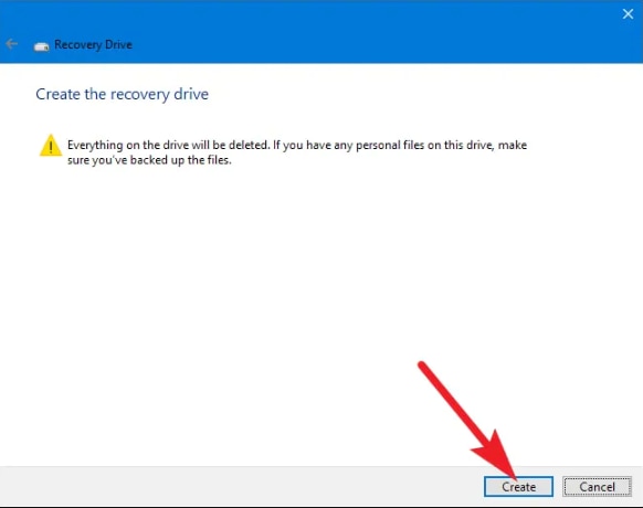 click create for recovery partition creation