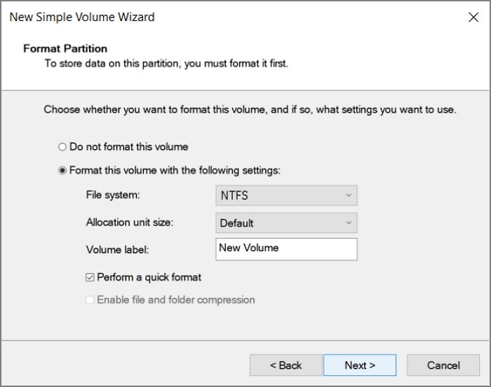 volume settings in new volume wizard