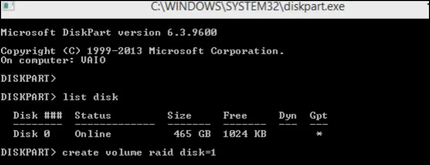 create raid 5 volume using diskpart commands