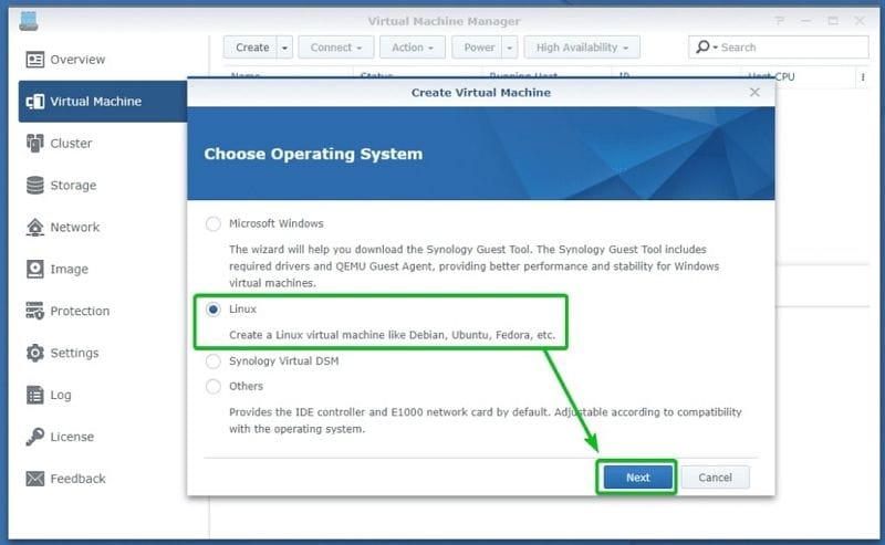 choose linux for synology virtual machine