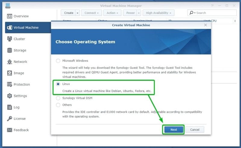 escolha linux para máquina virtual da synology