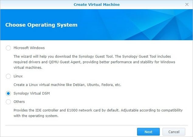 escolha vdsm para máquina virtual da synology