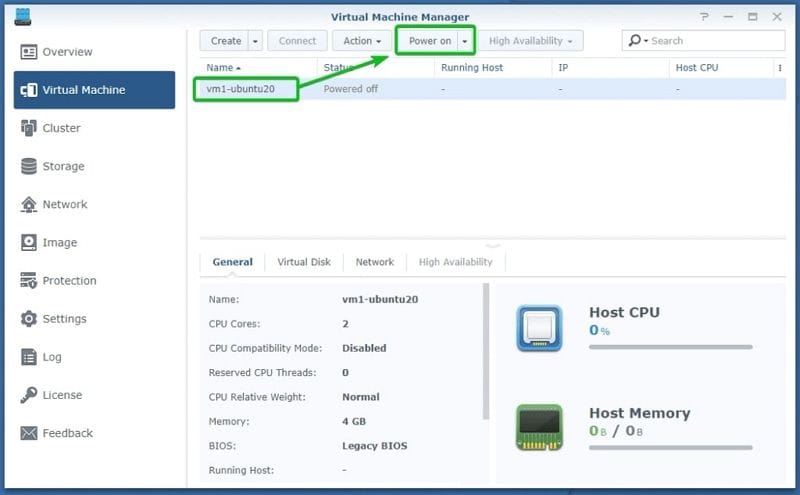 ligue a máquina virtual da synology