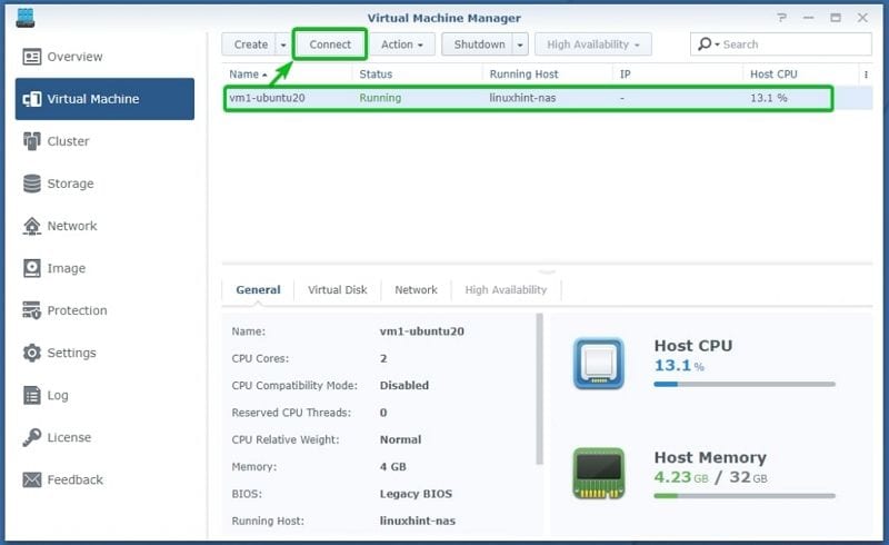 connect the synology virtual machine