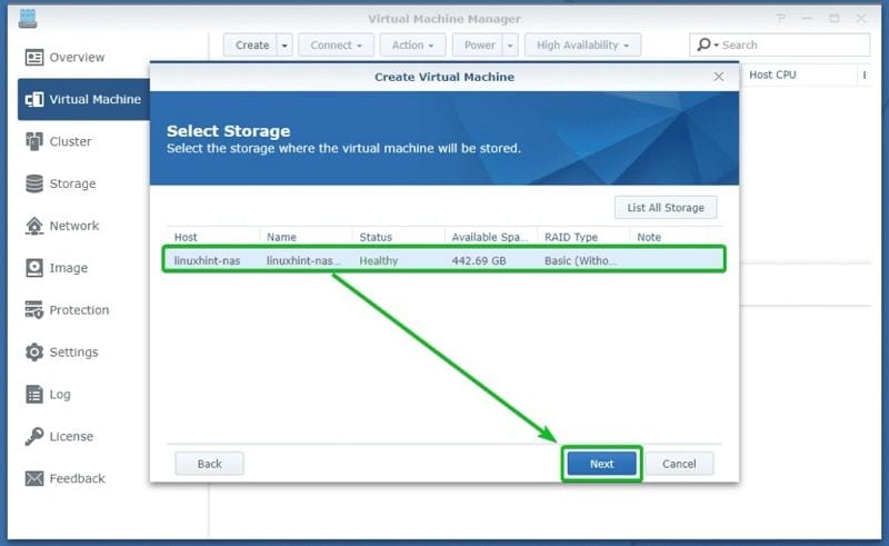 selecionar armazenamento para máquina virtual da synology