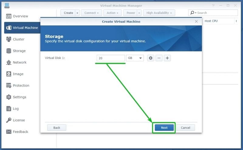 configurer le disque pour la machine virtuelle synology